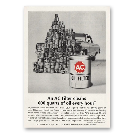 1965 AC Oil Filter Cleans 600 Quarts of Oil Every Hour Vintage Magazine Print Ad