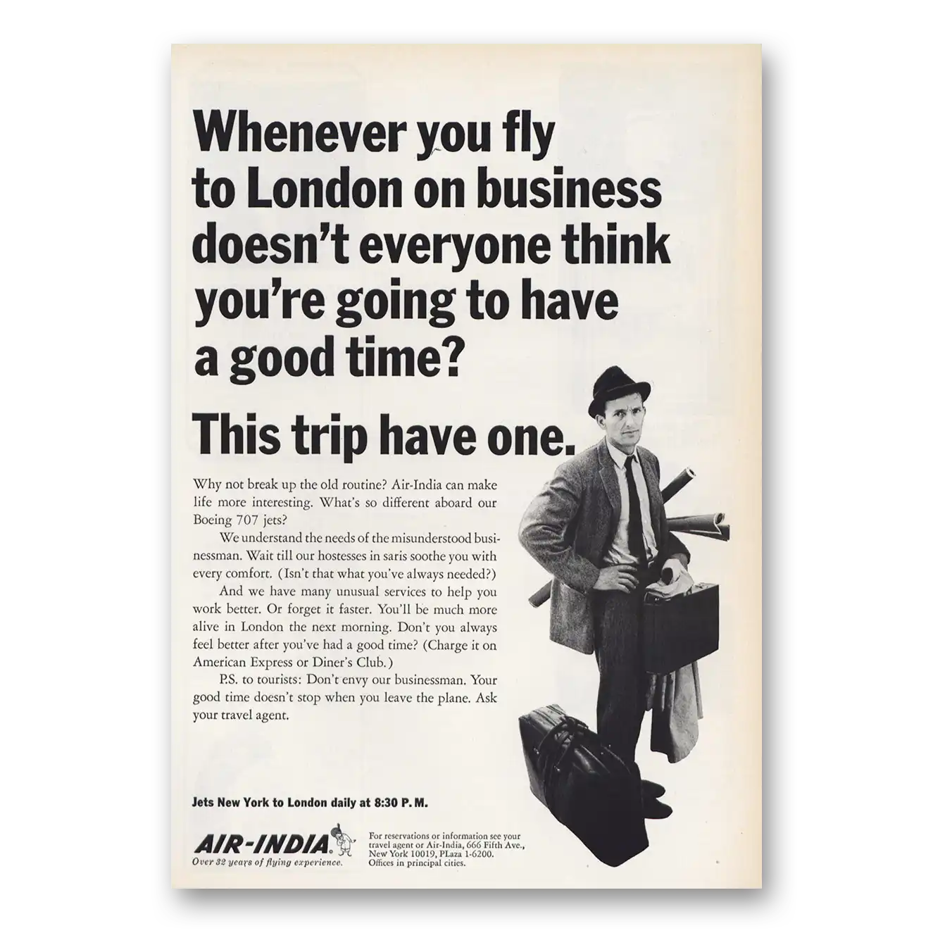 1965 Air India Whenever You Fly to London Vintage Magazine Print Ad