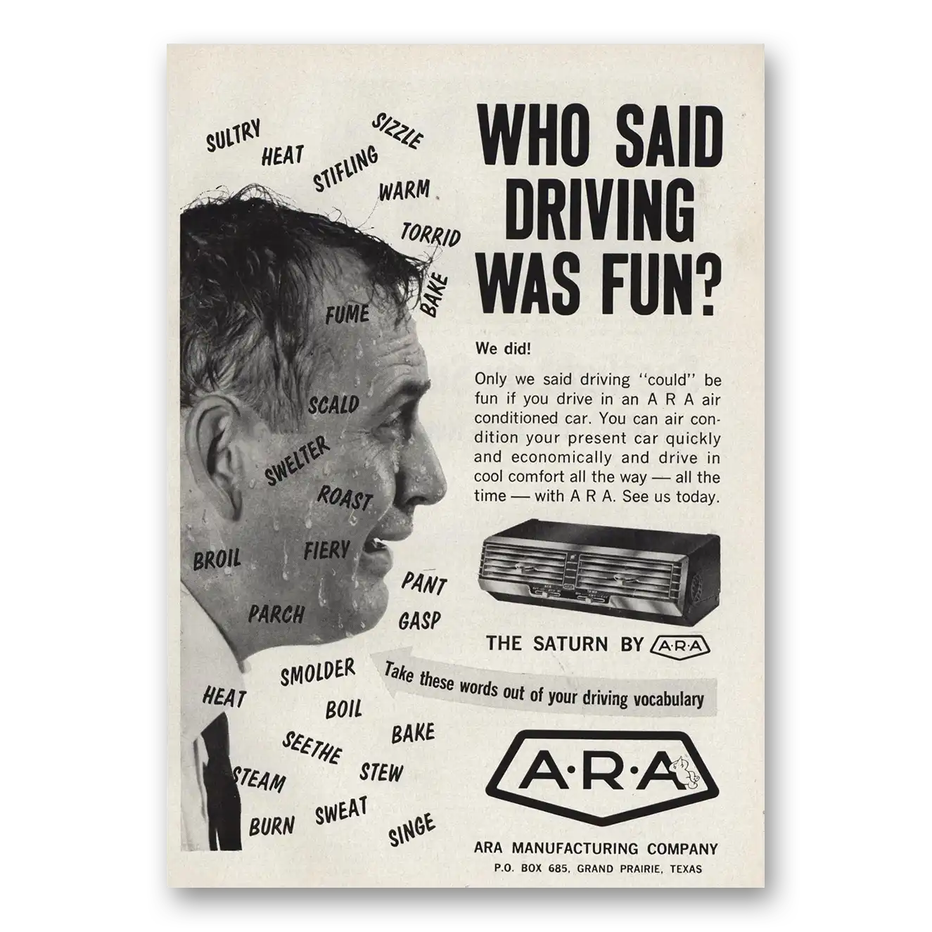 1965 ARA Saturn Air Conditioning Who Said Driving Was Fun Vintage Magazine Print Ad