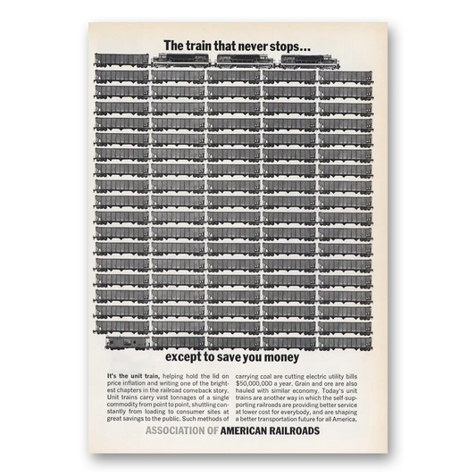 1965 Association of American Railroads Train That Never Stops Vintage Magazine Print Ad