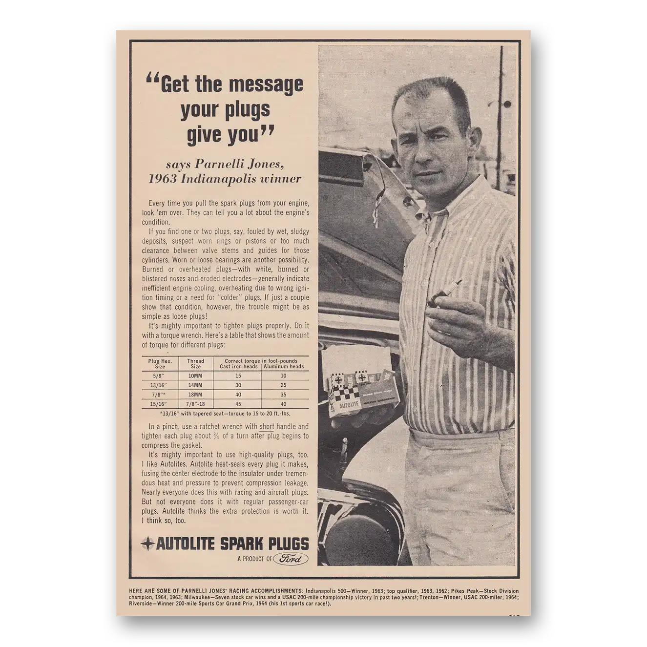 1965 Autolite Spark Plugs Parnelli Jones Vintage Magazine Print Ad