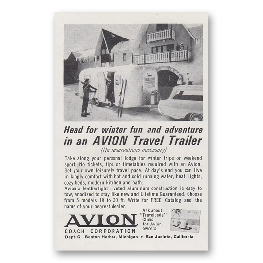 1965 Avion Coach Head for Winter Fun Ski Vintage Magazine Print Ad