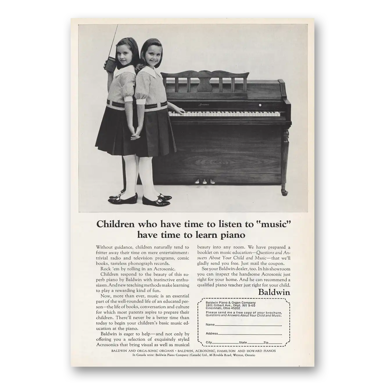 1965 Baldwin Piano Children Who Have Time to Listen to Music Vintage Magazine Print Ad