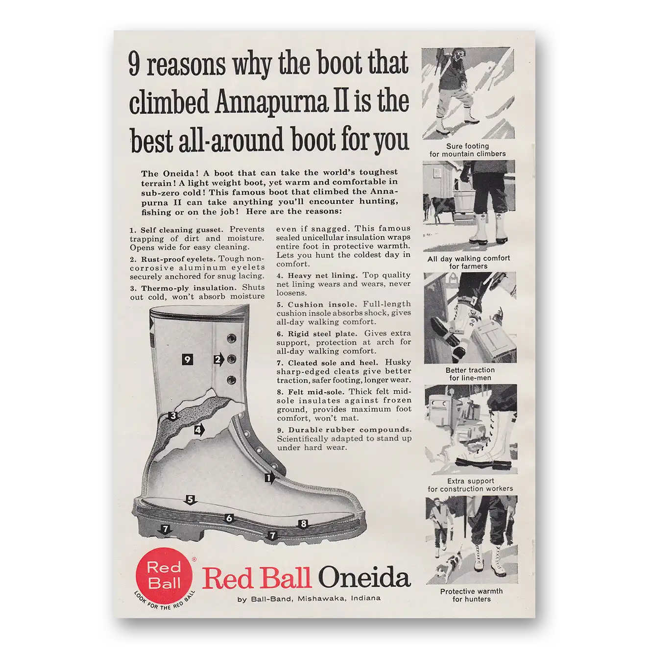 1965 Ball Band Shoes Red Ball Oneida Boot That Climbed Annapurna II Vintage Magazine Print Ad