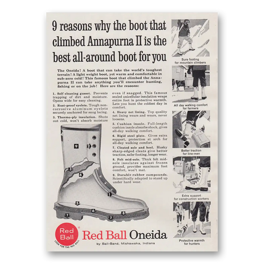 1965 Ball Band Shoes Red Ball Oneida Boot That Climbed Annapurna II Vintage Magazine Print Ad