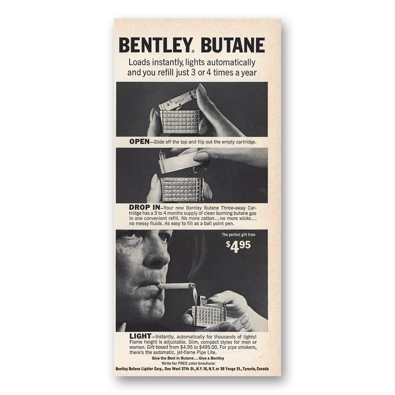 1965 Bentley Butane Butane Loads Instantly Lights Automatically Vintage Magazine Print Ad