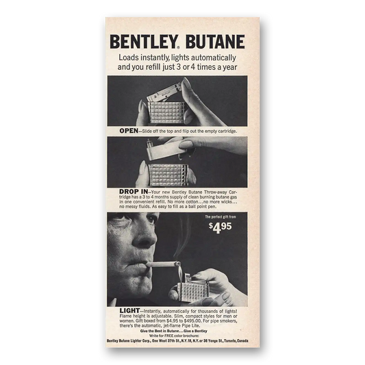 1965 Bentley Butane Butane Loads Instantly Lights Automatically Vintage Magazine Print Ad