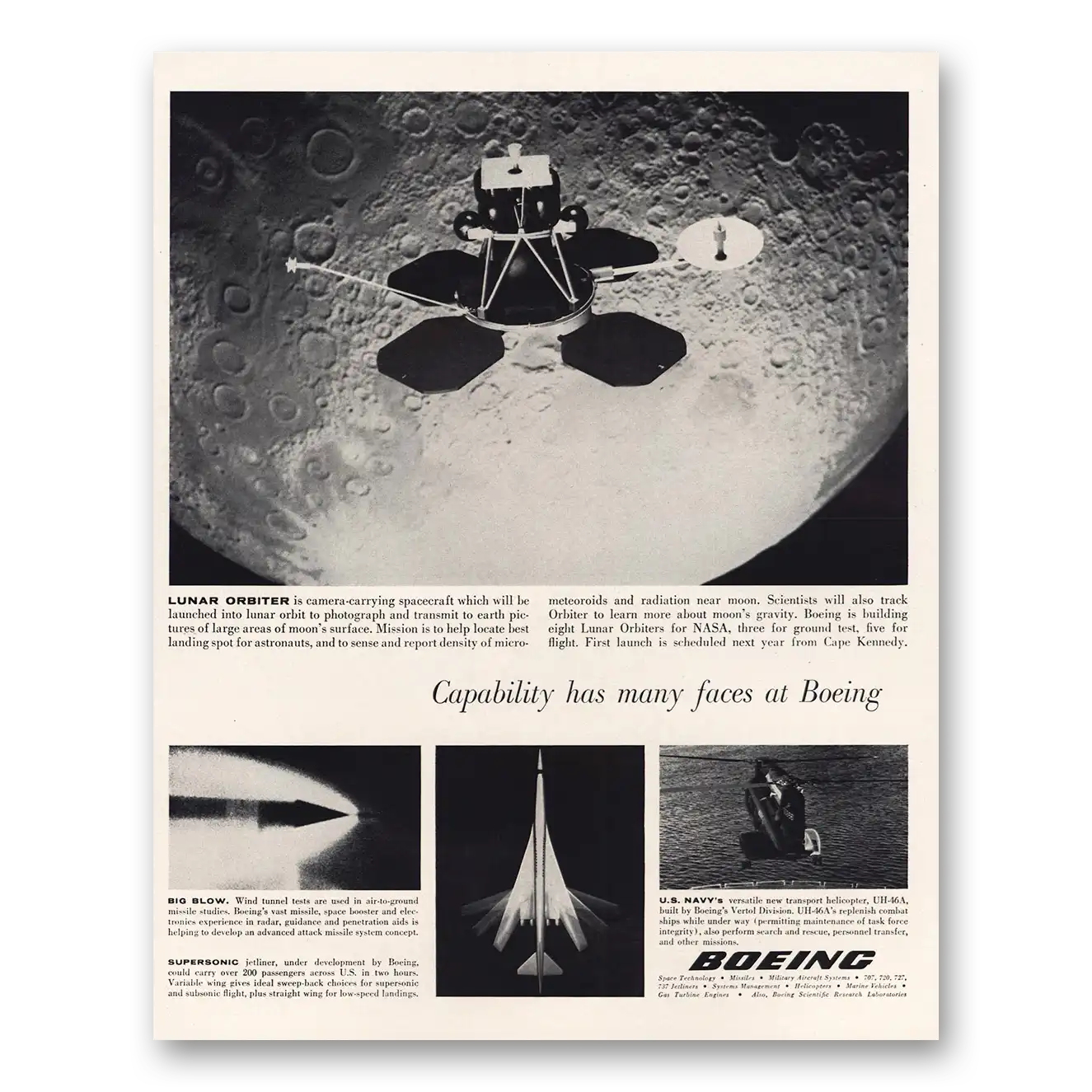 1965 Boeing Lunar Orbiter Camera Carrying Spacecraft Vintage Magazine Print Ad