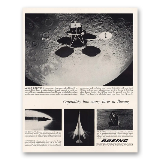 1965 Boeing Lunar Orbiter Camera Carrying Spacecraft Vintage Magazine Print Ad