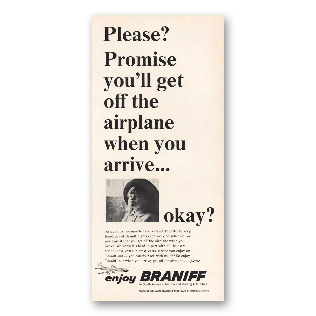 1965 Braniff International Airways Promise You'll Get Off the Airplane Vintage Magazine Print Ad