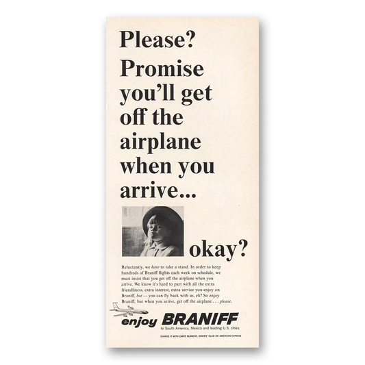 1965 Braniff International Airways Promise You'll Get Off the Airplane Vintage Magazine Print Ad