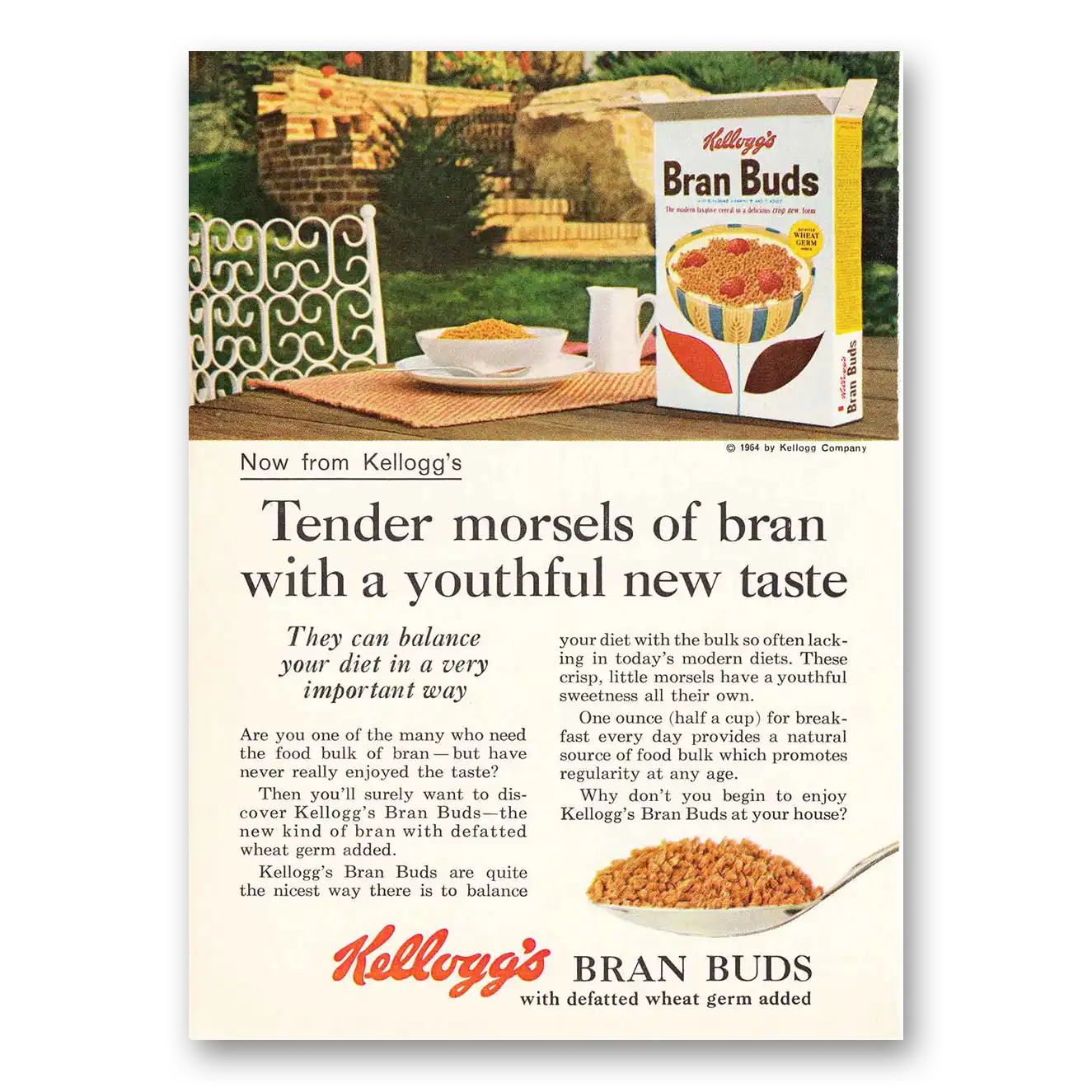 1965 Kelloggs Bran Buds Cereal Tender Morsels of Bran with a Youthful New Taste Vintage Magazine Print Ad