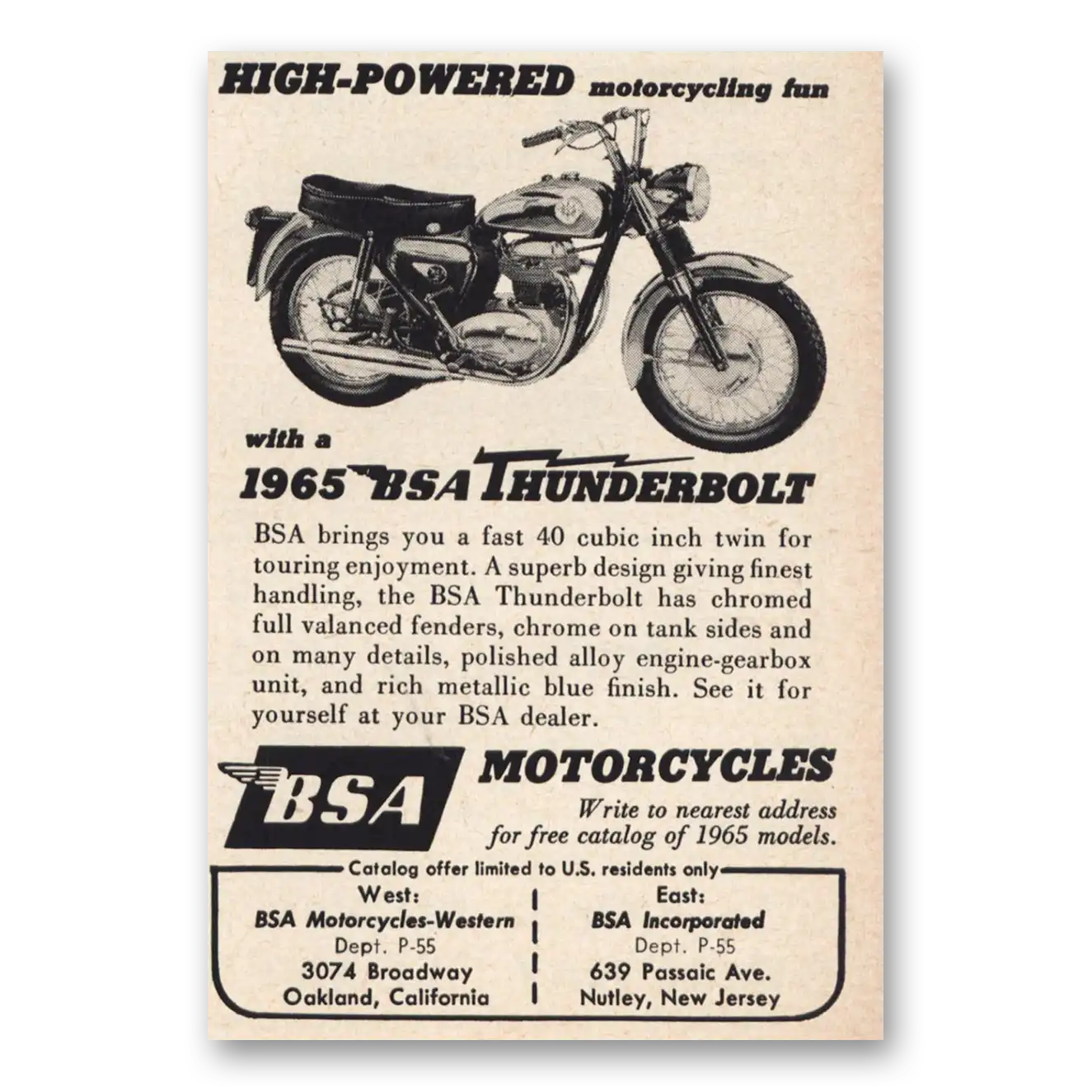 1965 BSA Motorcycles High Powered Thunderbolt Vintage Magazine Print Ad