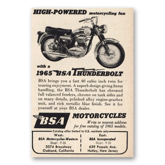 1965 BSA Motorcycles High Powered Thunderbolt Vintage Magazine Print Ad