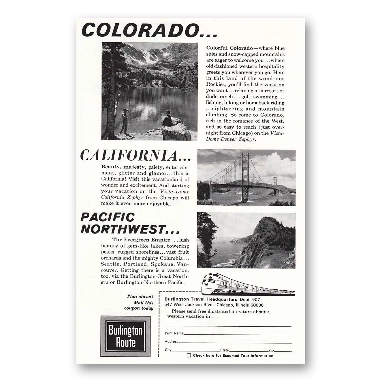 1965 Burlington Route Colorado California Evergreen Empire Vintage Magazine Print Ad