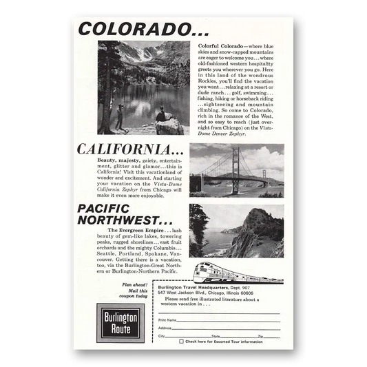 1965 Burlington Route Colorado California Evergreen Empire Vintage Magazine Print Ad