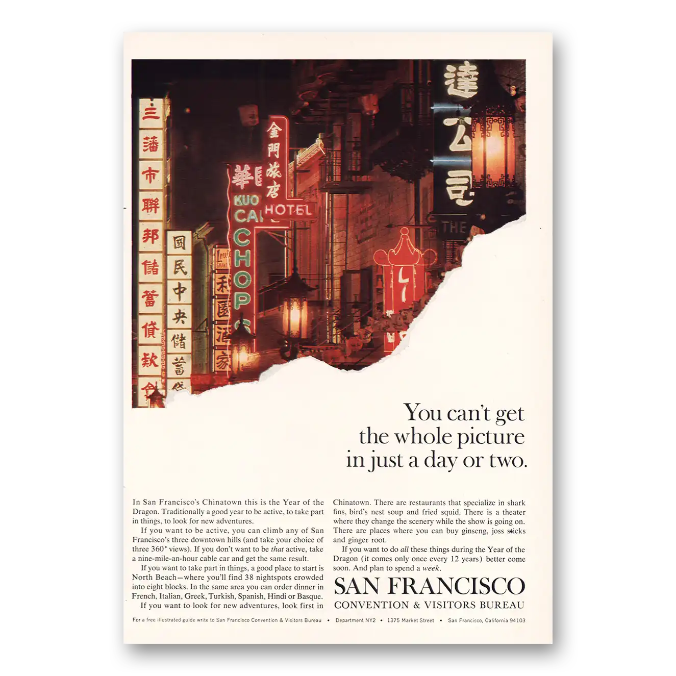 1965 San Francisco California Cant Get Whole Picture In Day or Two Vintage Magazine Print Ad