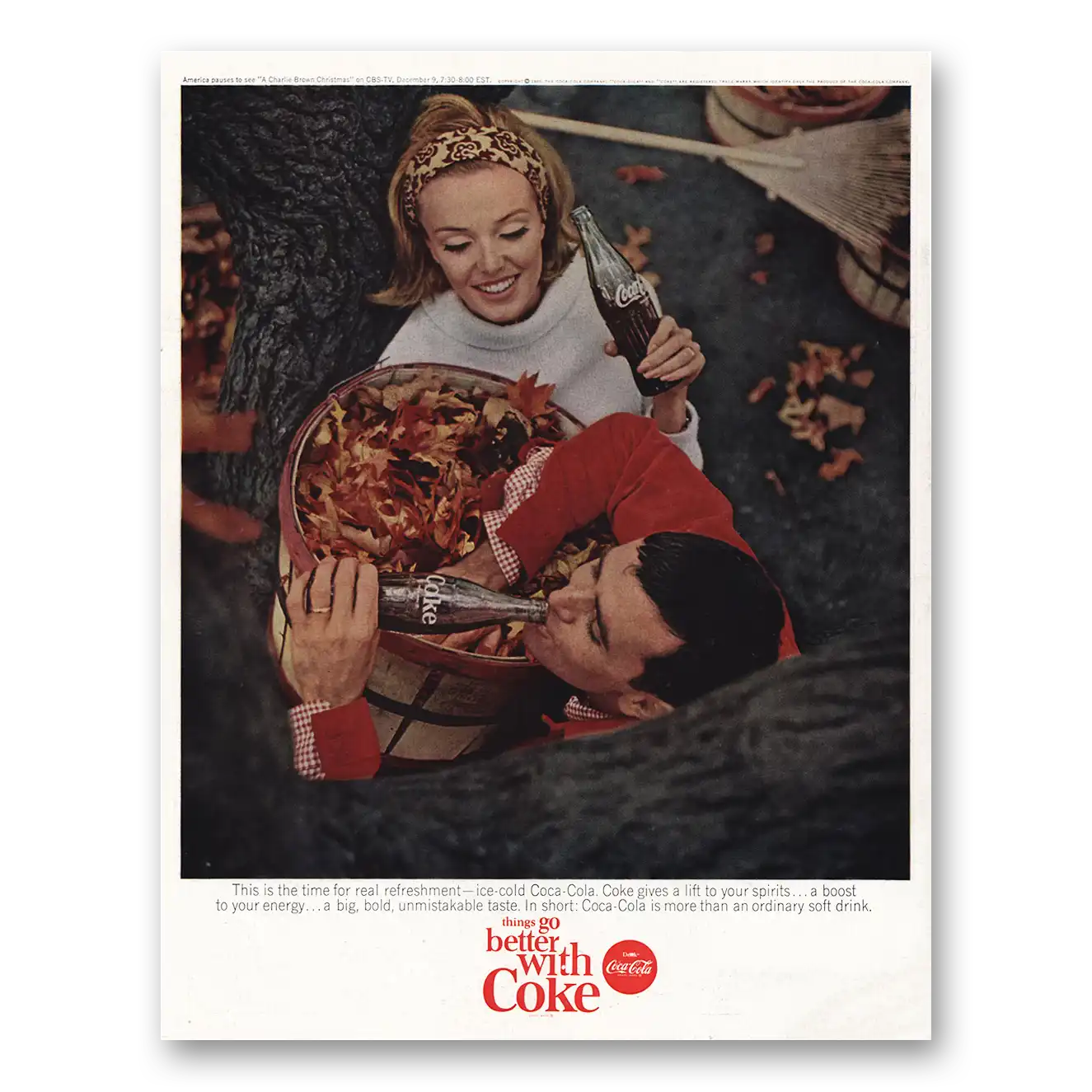 1965 Coca Cola Time for Real Refreshment Leaves Vintage Magazine Print Ad