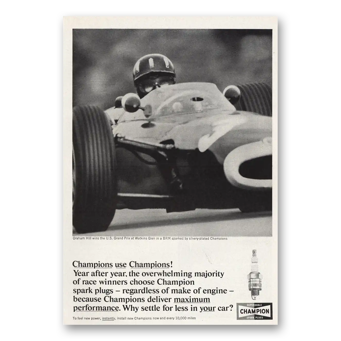 1965 Champion Spark Plugs Graham Hill Vintage Magazine Print Ad