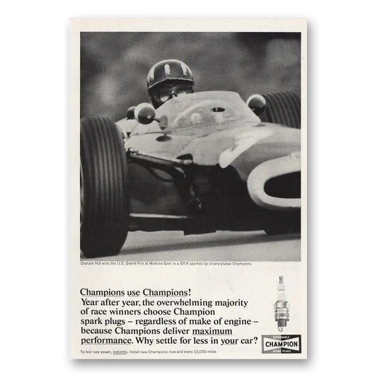 1965 Champion Spark Plugs Graham Hill Vintage Magazine Print Ad