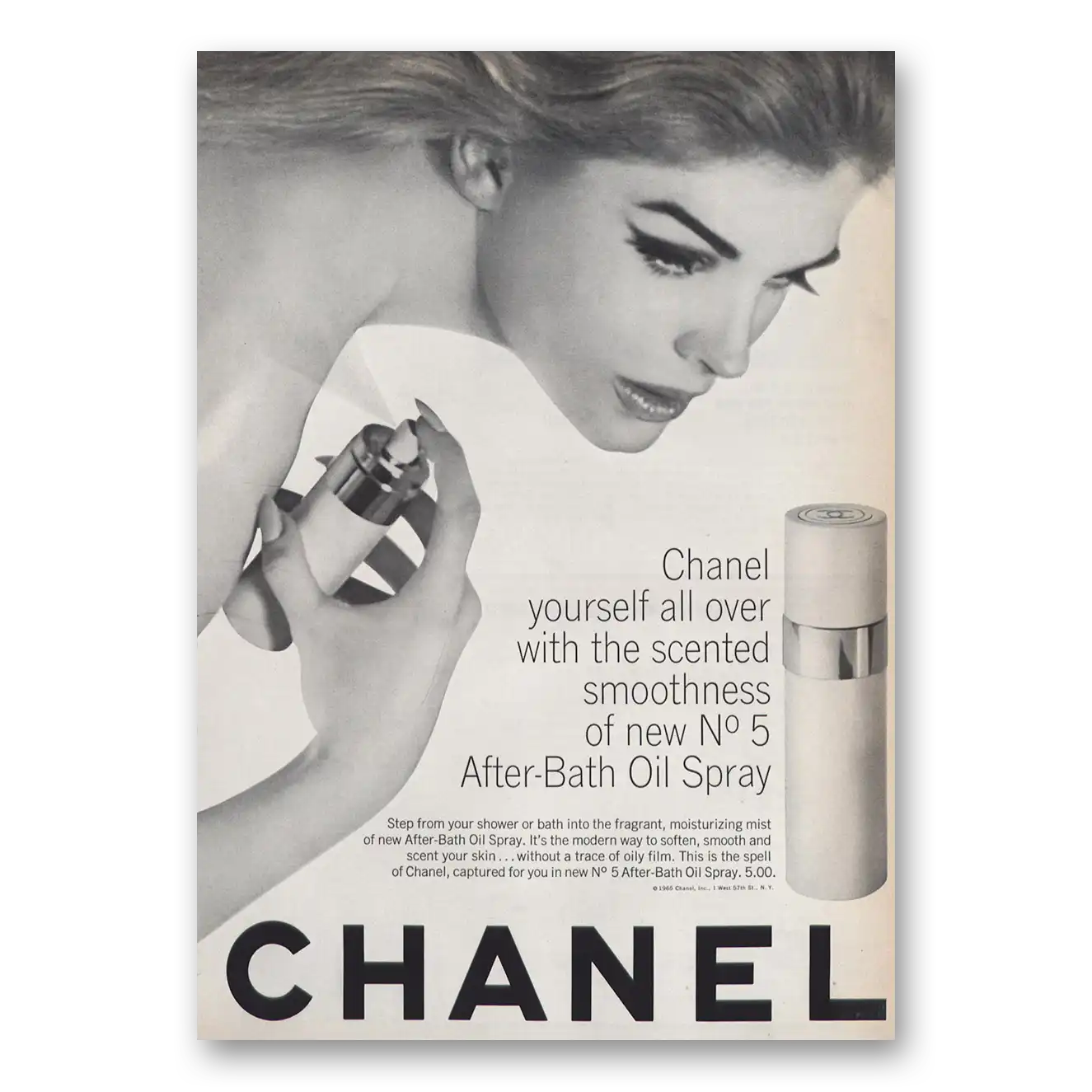 1965 Chanel No 5 Scented Smoothness After Bath Oil Spray Vintage Magazine Print Ad