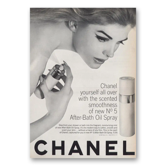 1965 Chanel No 5 Scented Smoothness After Bath Oil Spray Vintage Magazine Print Ad