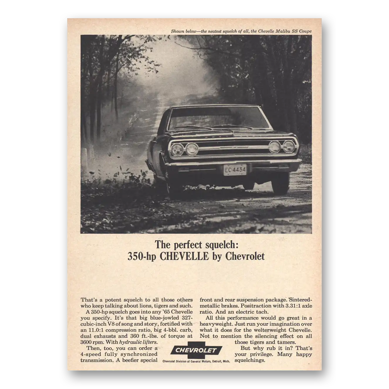 1965 Chevrolet Chevelle Perfect Squelch Vintage Magazine Print Ad