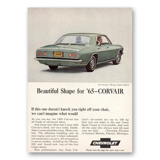 1965 Chevrolet Corvair Beautiful Shape Vintage Magazine Print Ad