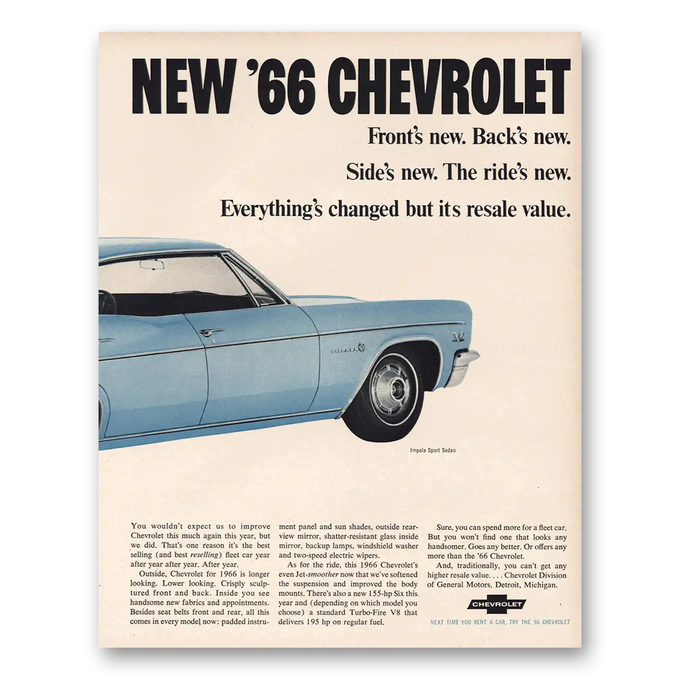 1965 Chevrolet Impala Fronts New Backs New Vintage Magazine Print Ad