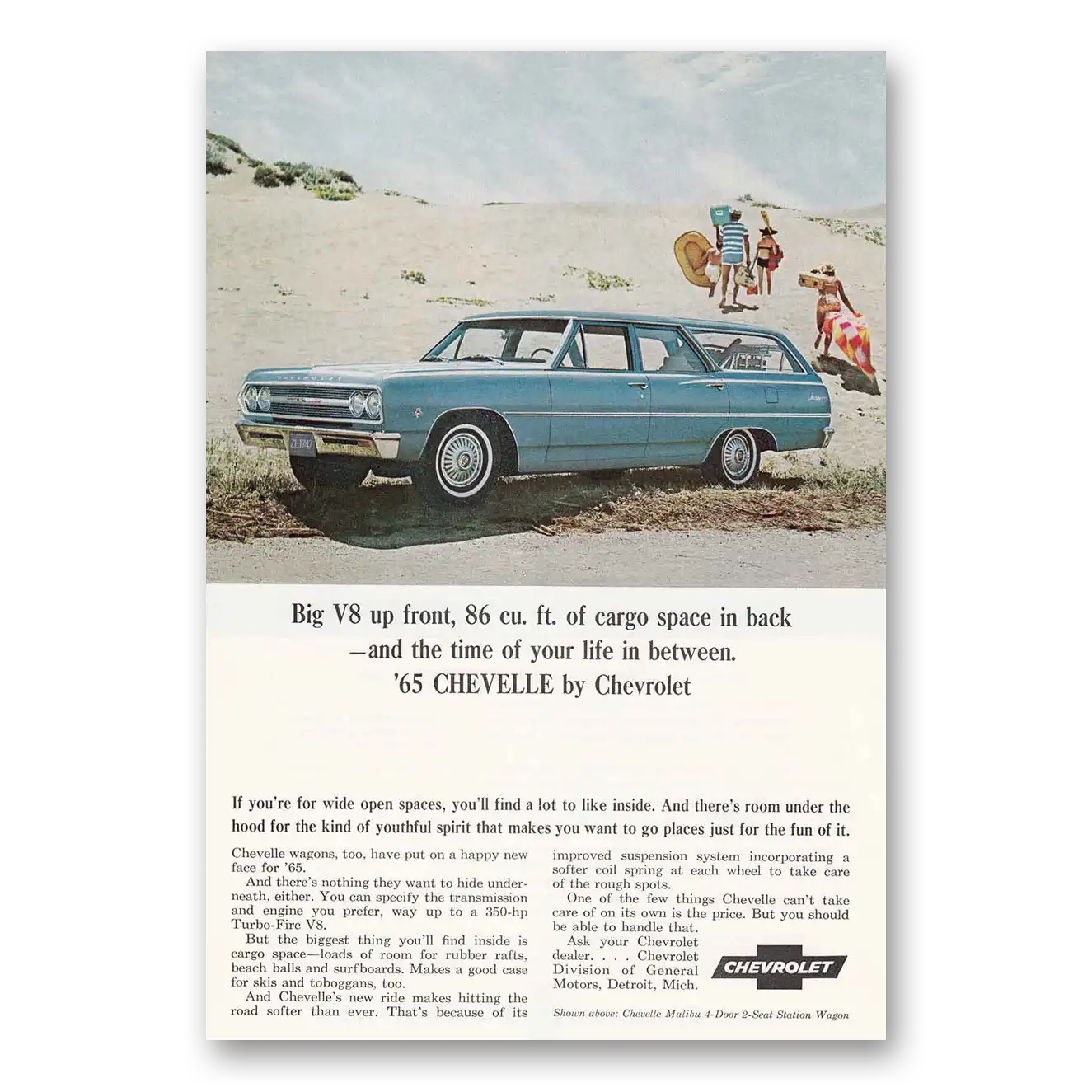 1965 Chevrolet Chevelle Wagon Beach Big V8 Up Front Vintage Magazine Print Ad