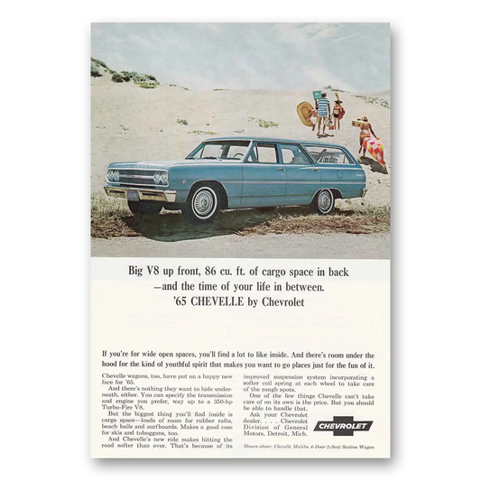 1965 Chevrolet Chevelle Wagon Beach Big V8 Up Front Vintage Magazine Print Ad