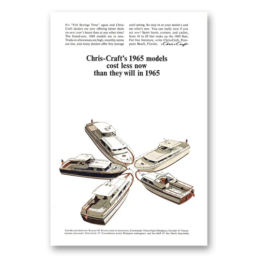 1964 Chris Craft Boats Models Cost Less Now Vintage Magazine Print Ad