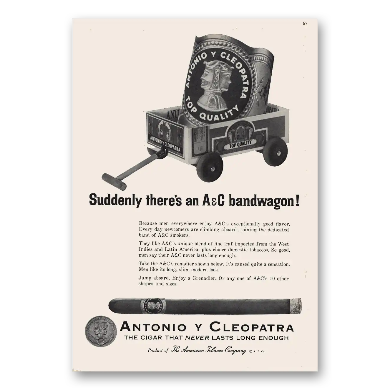 1965 Antonio Y Cleopatra Cigars A&C Bandwagon Vintage Magazine Print Ad