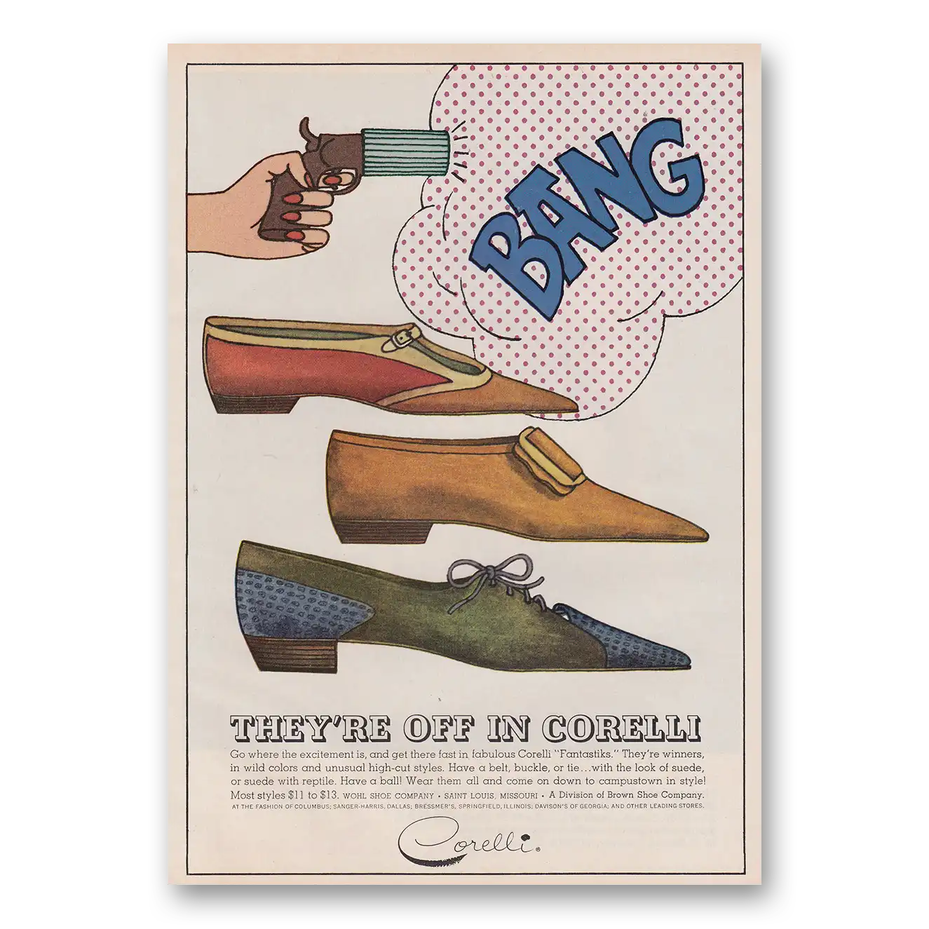 1965 Corelli Shoes Bang They're Off In Corelli Vintage Magazine Print Ad