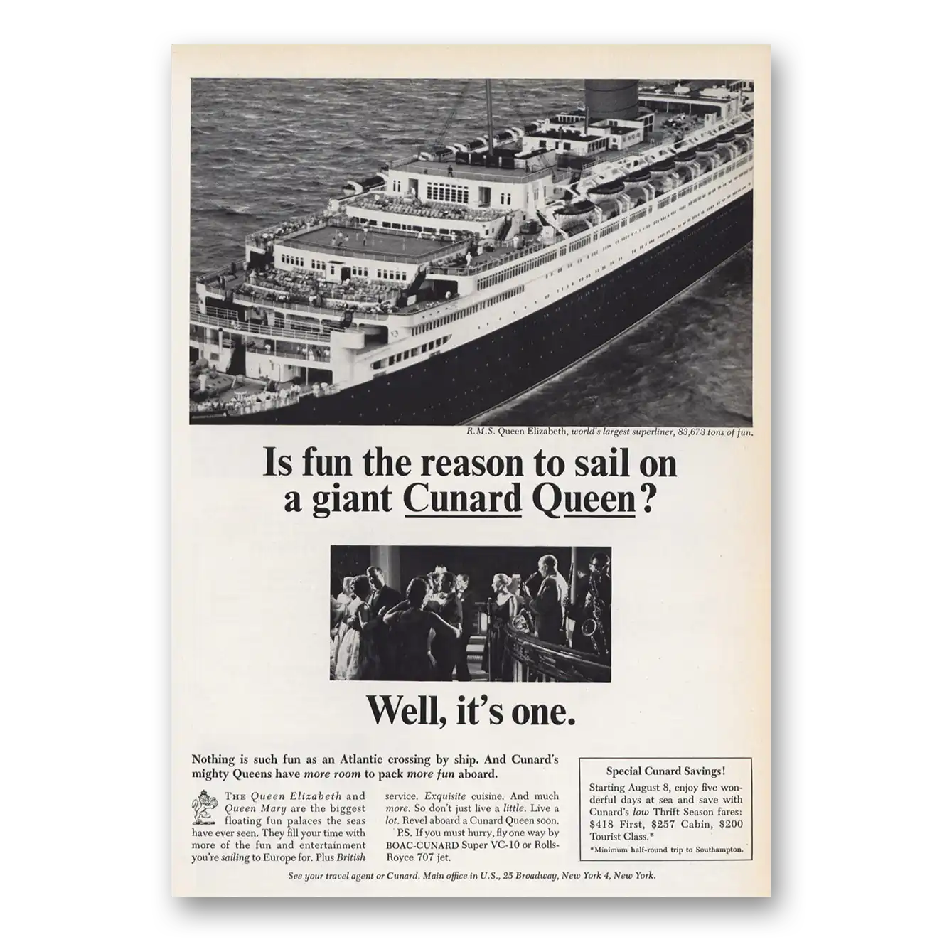 1965 Cunard Fun the Reason to Sail Giant Queen Vintage Magazine Print Ad