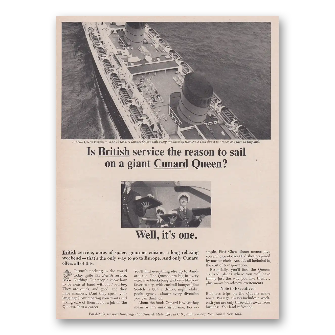 1965 Cunard Queen British Service the Reason to Sail Vintage Magazine Print Ad