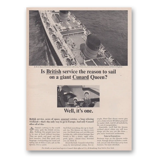 1965 Cunard Queen British Service the Reason to Sail Vintage Magazine Print Ad