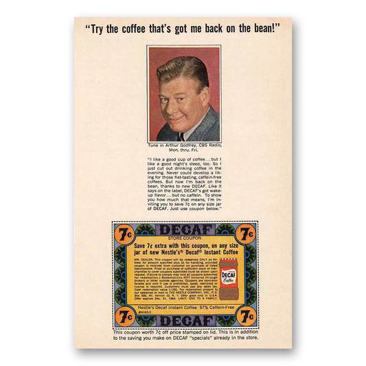 1965 Nestle Decaf Coffee Arthur Godfrey Coupon Vintage Magazine Print Ad