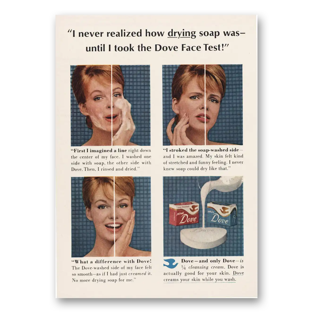 1965 Dove Soap Face Test Vintage Magazine Print Ad