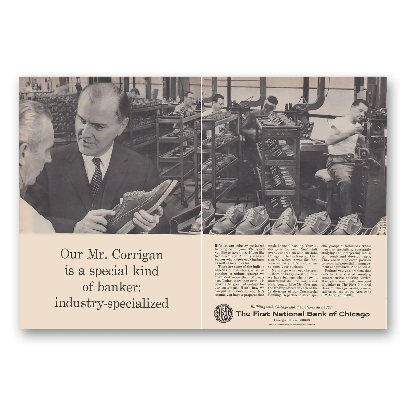 1965 First National Bank of Chicago Mr Corrigan Is a Special Kind of Banker Vintage Magazine Print Ad