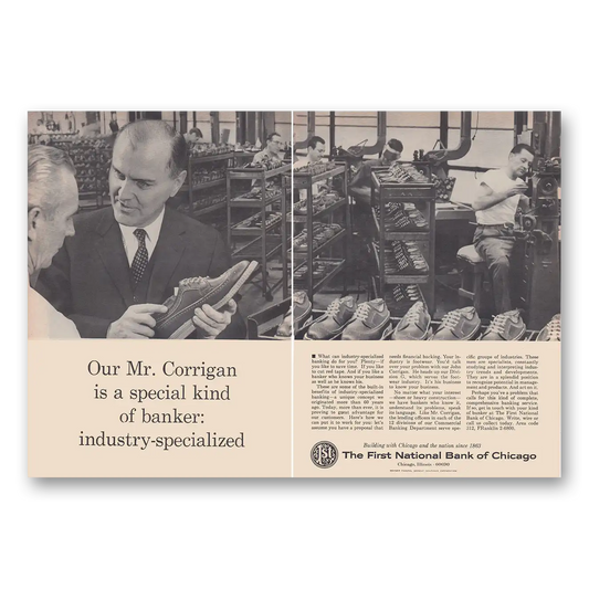 1965 First National Bank of Chicago Mr Corrigan Is a Special Kind of Banker Vintage Magazine Print Ad