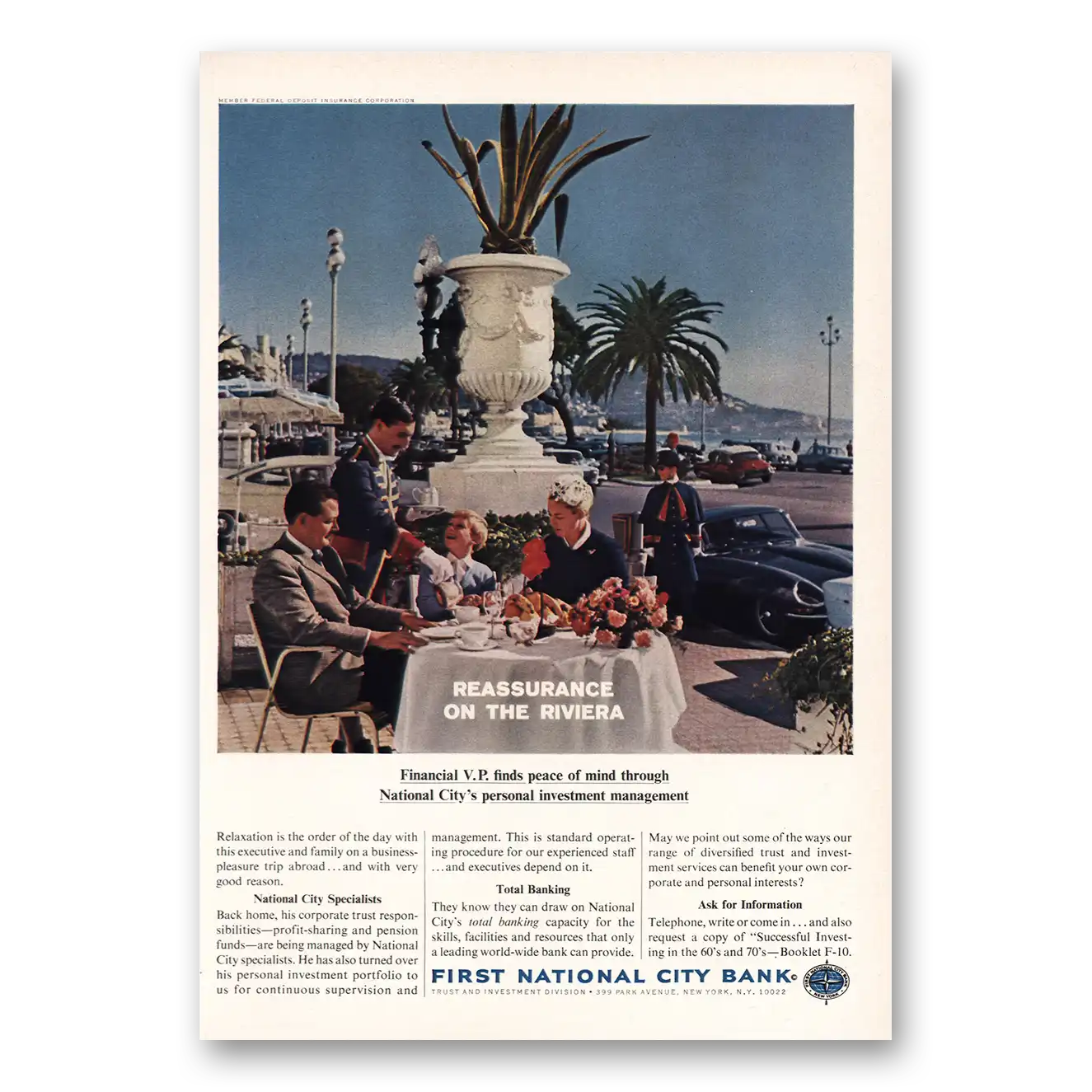 1965 First National City Bank Reassurance Riviera Vintage Magazine Print Ad