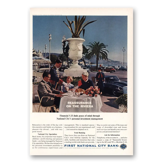 1965 First National City Bank Reassurance Riviera Vintage Magazine Print Ad