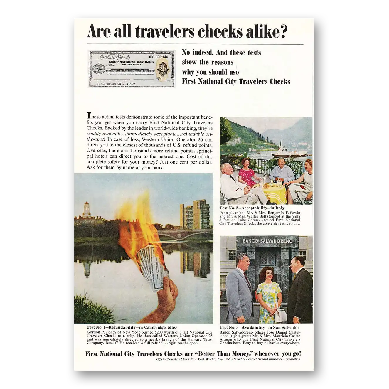 1965 First National City Bank Travelers Checks Cambridge Vintage Magazine Print Ad