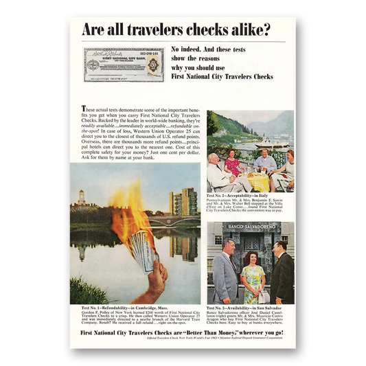 1965 First National City Bank Travelers Checks Cambridge Vintage Magazine Print Ad