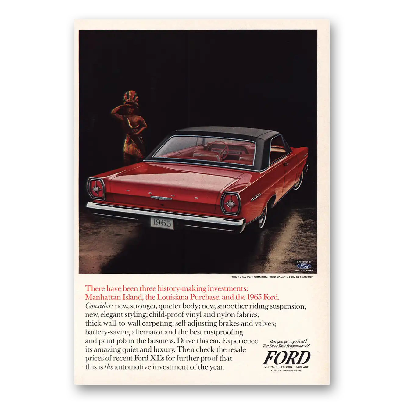 1965 Ford XL History Making Manhattan Island Vintage Magazine Print Ad