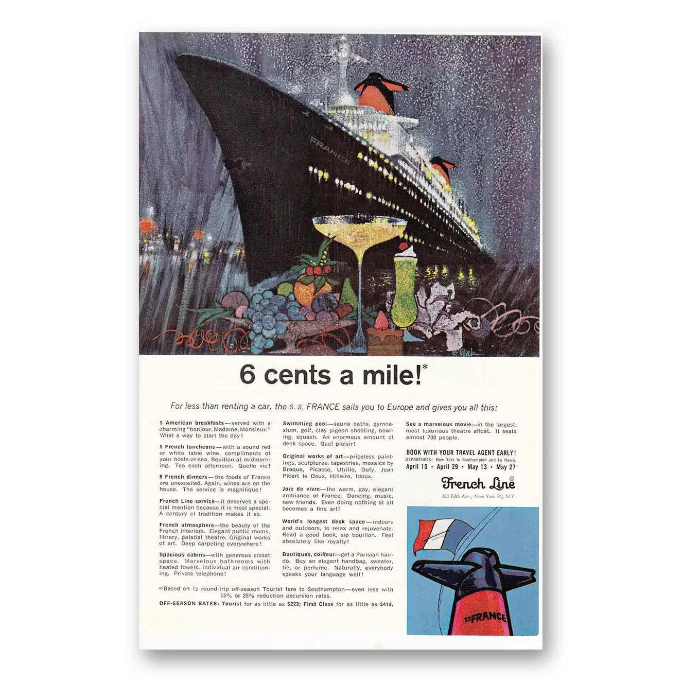 1965 French Line Bob Park 6 Cents a Mile Vintage Magazine Print Ad