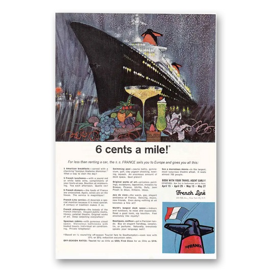 1965 French Line Bob Park 6 Cents a Mile Vintage Magazine Print Ad