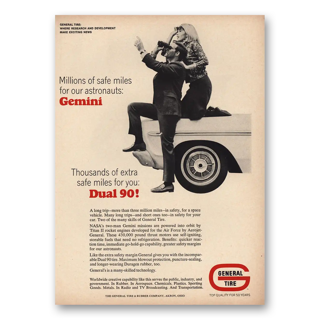 1965 General Tire Dual 90 Millions Safe Miles Astronauts Gemini Vintage Magazine Print Ad