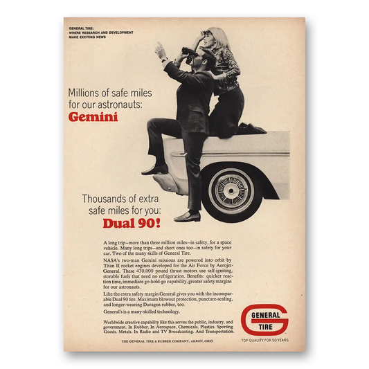 1965 General Tire Dual 90 Millions Safe Miles Astronauts Gemini Vintage Magazine Print Ad